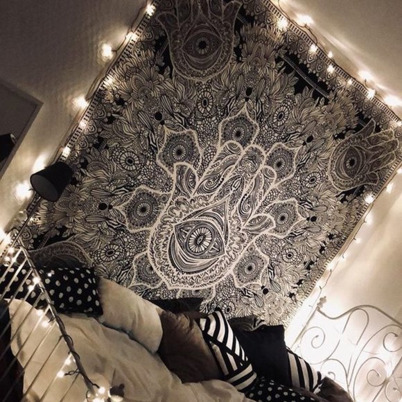 Full/Queen HAMSA Grey White Tapestry Wall Hanging Bedding Bohemian Boho Style - Picture 6 of 10